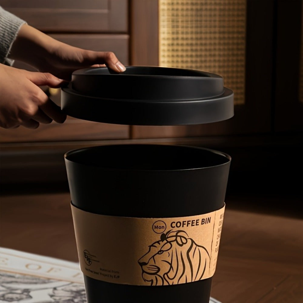 Compact Desktop Trash Can with Lift-Off Lid and White or Black Lion-Print Checkout Options