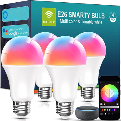 A19 E26 Wi-Fi and Bluetooth Smart Light Bulbs with RGB and White Modes in Two-, Four- or Six-Bulb Packs