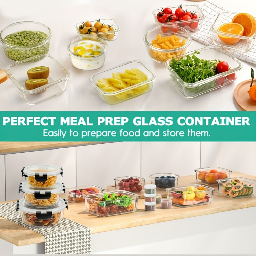 Food Storage Containers Borosilicate Glass Set with Locking Lids in 10-, 12- or 17-Piece Color Options