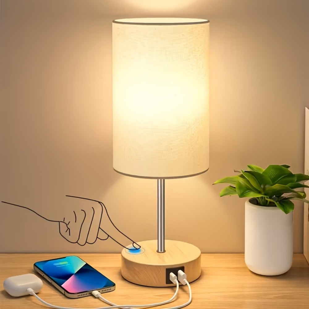 Table Lamp with Burlap Drum Shade, Wood Base, Three-Way Touch Dimming, USB-C Port and AC Outlet