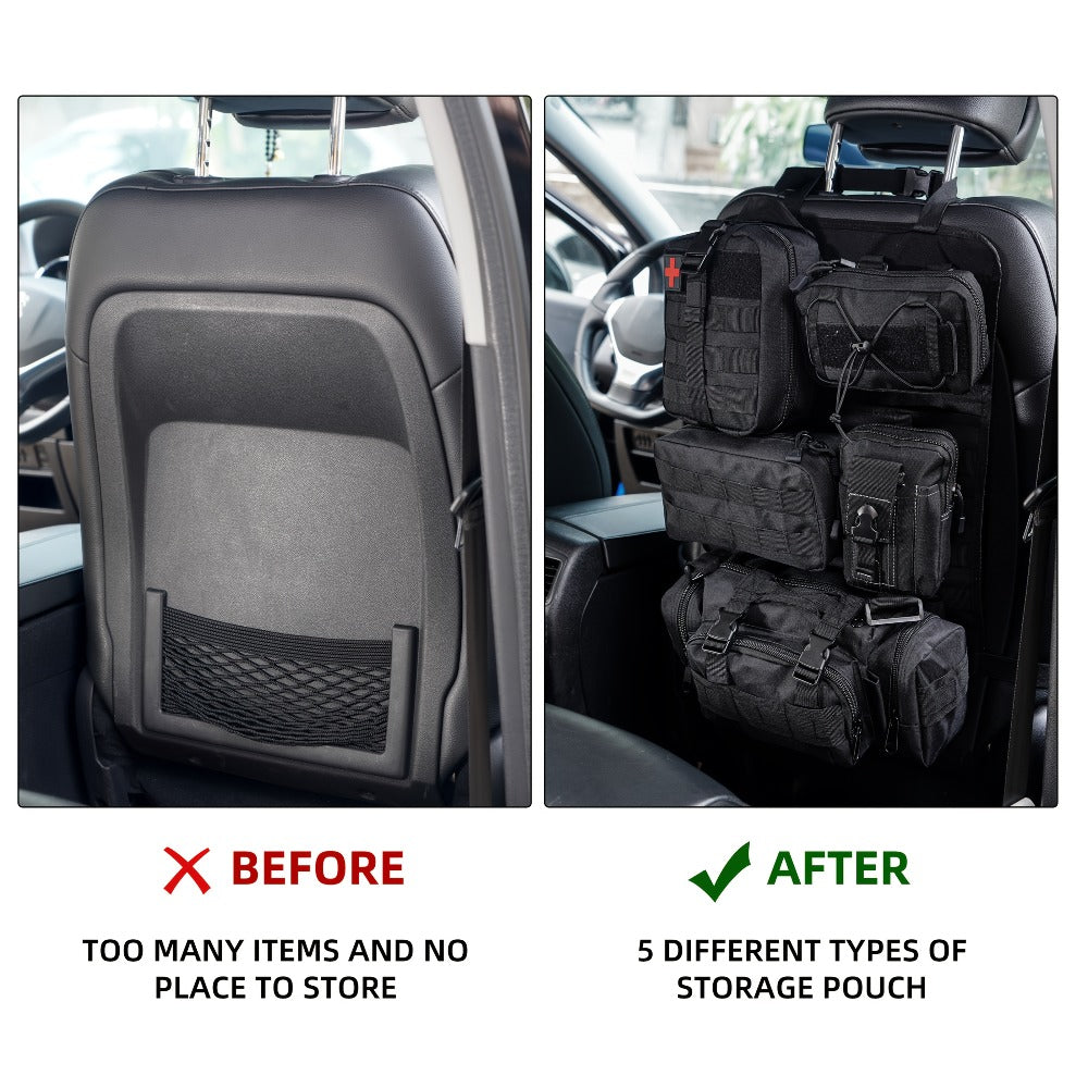 Tactical Car Seat Organizer – MOLLE Nylon Seat Back Storage Bag with 5 Pockets, Front & Rear Seat Protector for Jeep, Truck, SUV | Car Interior Accessories for Men & Women