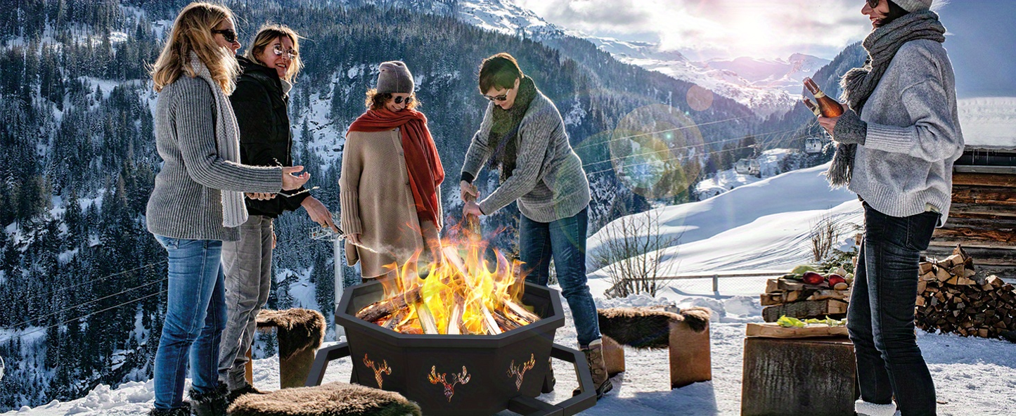 35-Inch Octagonal Wood-Burning Fire Pit with Spark Screen, Poker, Fire Grate and Wide Safety-Ledge Frame