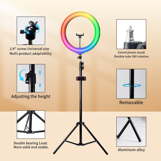 Ring Light 12 Inch Adjustable Brightness RGB with 63 Inch Floor Stand for Photo Selfie Video Recording Zoom Meetings Vlog Live Streaming TikTok YouTube Makeup