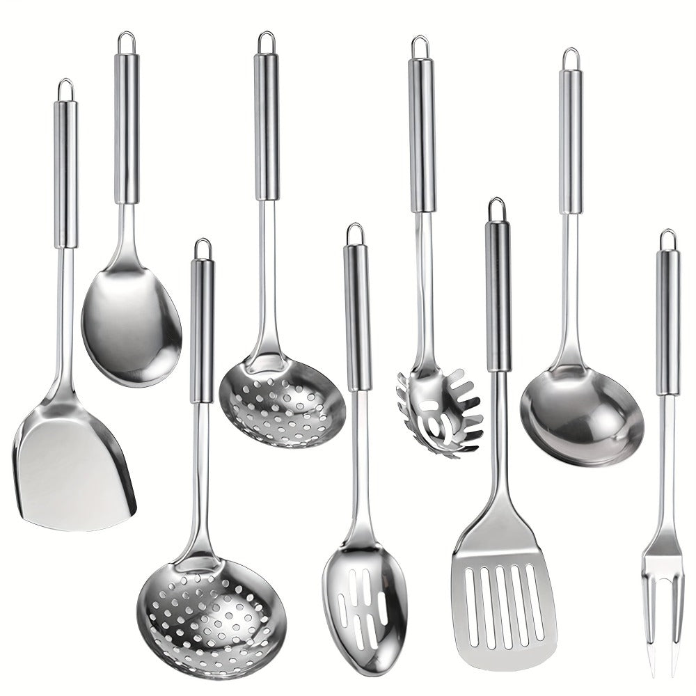 Stainless Steel Cooking Utensil Set 9 Piece for Nonstick Cookware – 304 Grade, Heat Resistant Ergonomic Handles, Dishwasher Safe, Space Saving Kitchen Tools with Hanging Holes for Home & Professional Chefs
