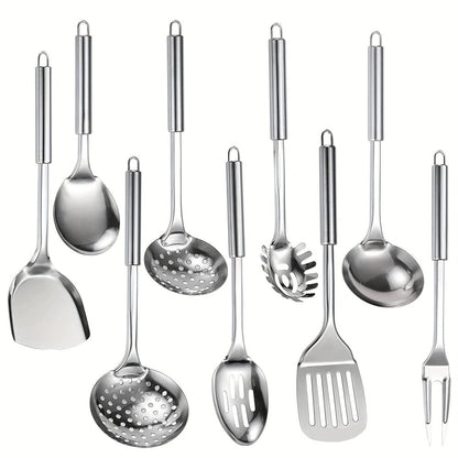 Stainless Steel Cooking Utensil Set 9 Piece for Nonstick Cookware – 304 Grade, Heat Resistant Ergonomic Handles, Dishwasher Safe, Space Saving Kitchen Tools with Hanging Holes for Home & Professional Chefs