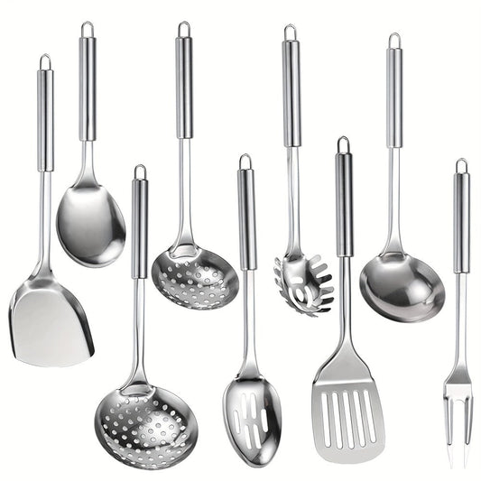 Stainless Steel Cooking Utensil Set 9 Piece for Nonstick Cookware – 304 Grade, Heat Resistant Ergonomic Handles, Dishwasher Safe, Space Saving Kitchen Tools with Hanging Holes for Home & Professional Chefs