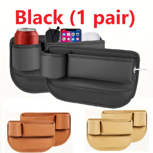 Car Seat Gap Organizer with Cup Holder – Adjustable PU Leather Side Seat Storage Box for Phone, Keys, Glasses & Cards | Multi-Functional Car Interior Organizer (2-Pack, Black)