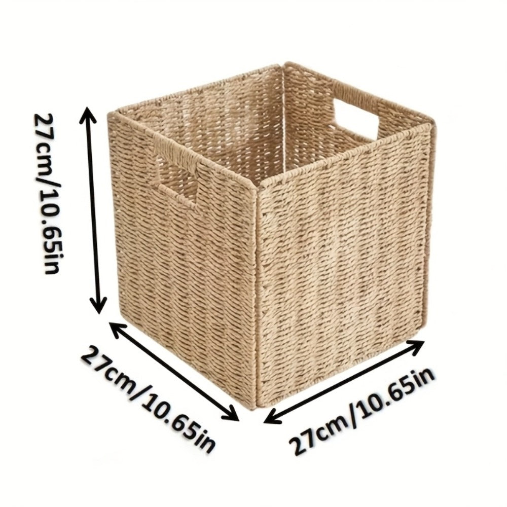 Square Woven Cube Storage Basket, 27cm on Each Side with Frame and Cutout Handles in One- or Four-Packs
