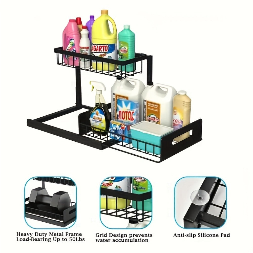 Two-Tier Pull-Out Under-Sink Cabinet Organizer with Six Exact Black, White or Grey Pack Options