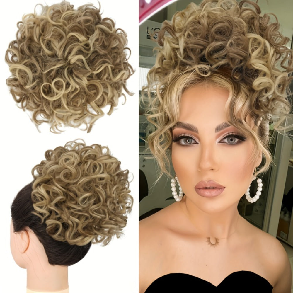 Drawstring Curly Bun Hairpiece Clip In Loose Messy Updo Hair Extension 10 Inch – Thick Voluminous Fake Bun Ponytail Wrap for Women Brown Dark Blonde All Hair Types No Heat