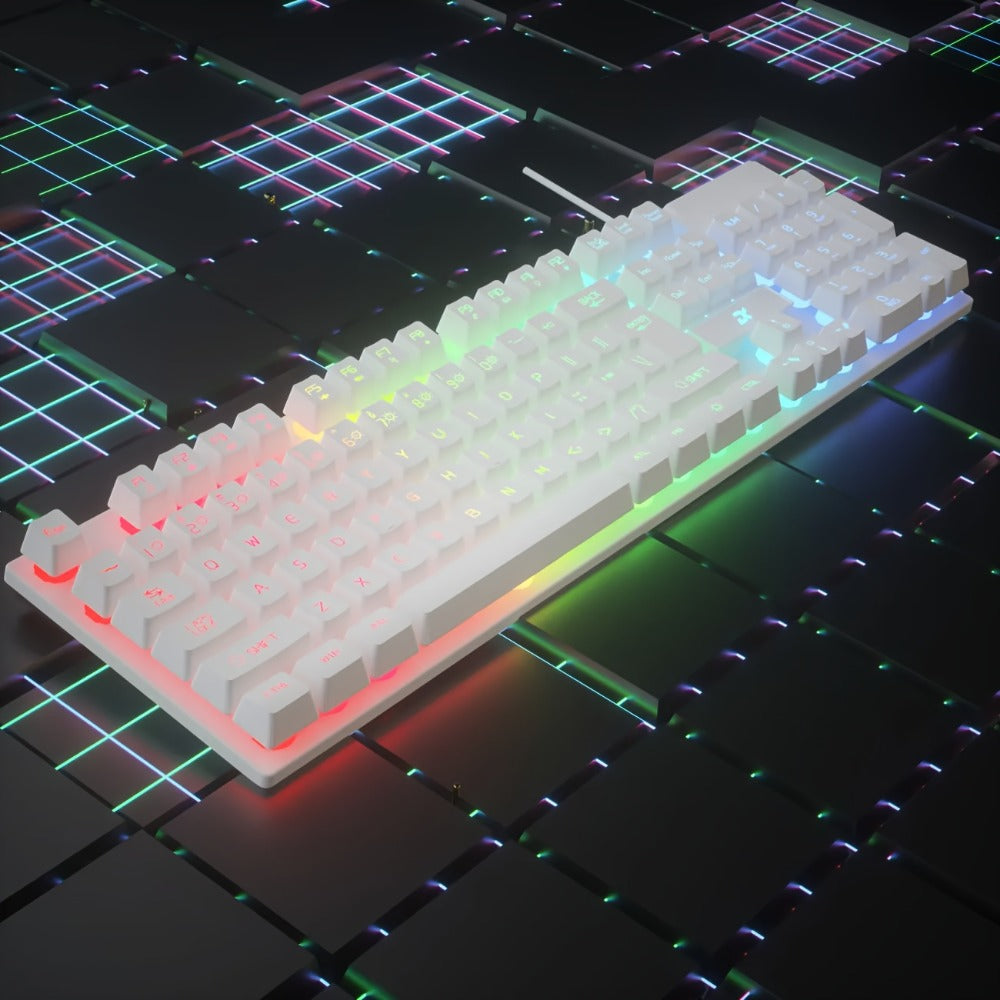 White Wired Keyboard and Mouse Set with Floating Keycaps, Volume Roller and Multiple Backlight Effects