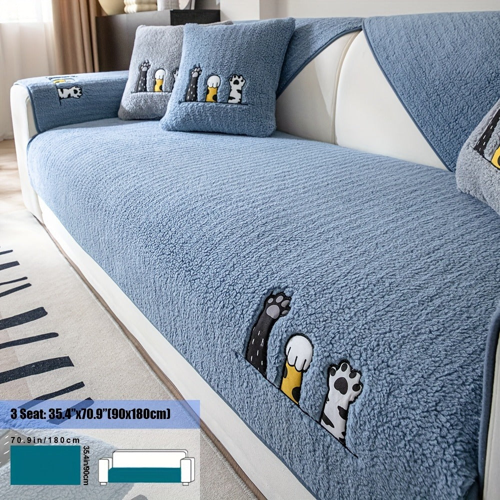 Sofa Cover, Sherpa Plush Cat-Paw Embroidered Seat Pad with Non-Slip Backing in Four Colors and Seven Sizes