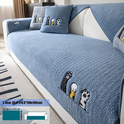 Sofa Cover, Sherpa Plush Cat-Paw Embroidered Seat Pad with Non-Slip Backing in Four Colors and Seven Sizes