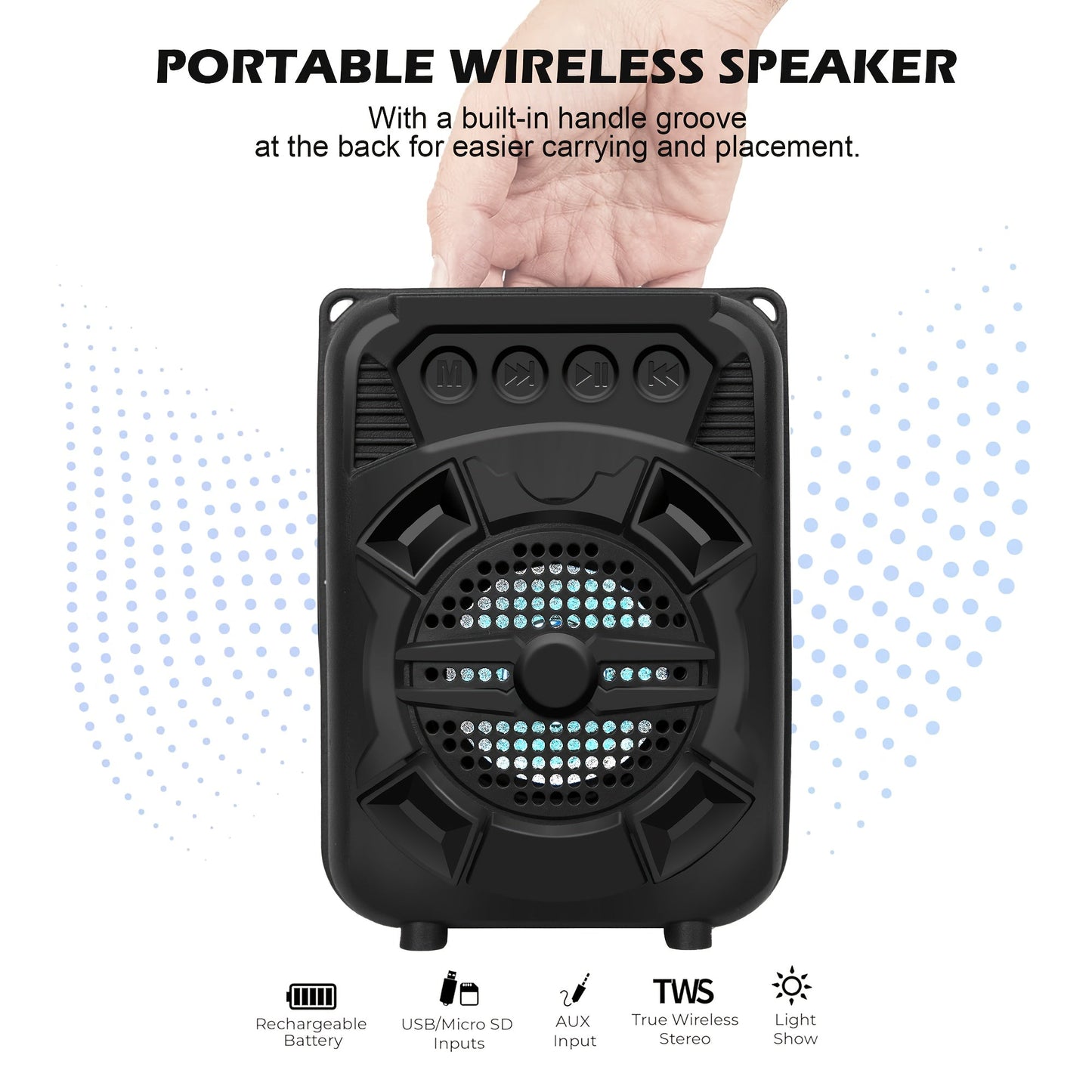 Portable Bluetooth Speaker with LED Light, Stereo Bass Listing and Up to 10 Hours Playtime in Black