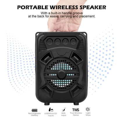 Portable Bluetooth Speaker with LED Light, Stereo Bass Listing and Up to 10 Hours Playtime in Black