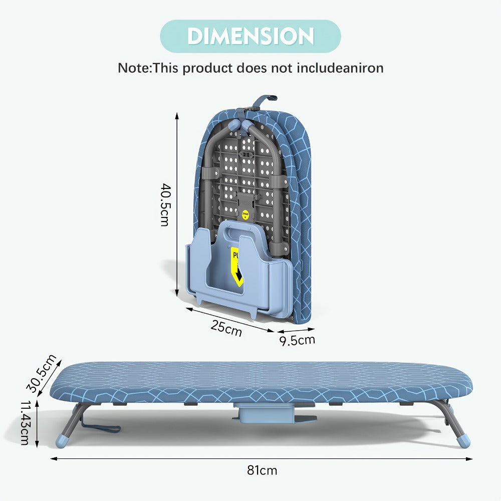 Compact Tabletop Ironing Board with Fold-Out Iron Holder in Blue, Pink or Black Cover Options