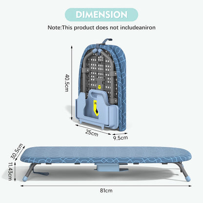 Compact Tabletop Ironing Board with Fold-Out Iron Holder in Blue, Pink or Black Cover Options