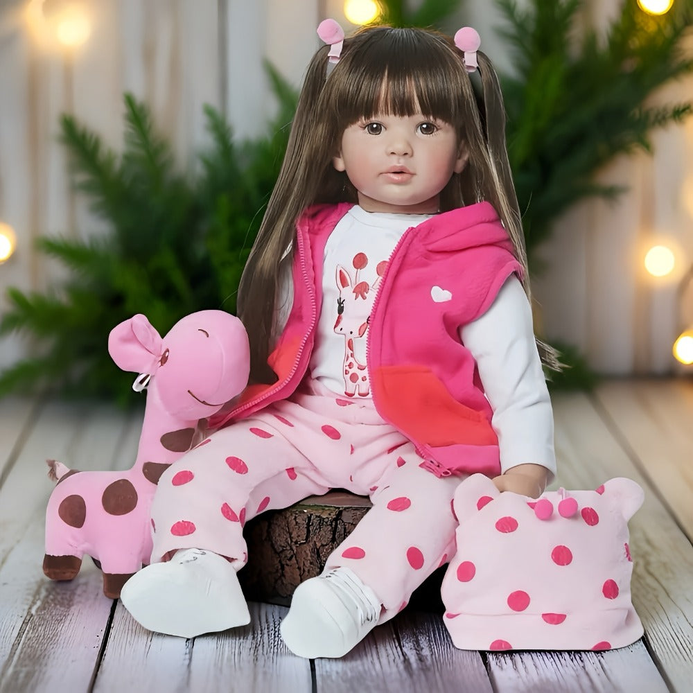 Open-Eye 24-Inch Girl Doll with Long Dark Hair, Pink Vest, Spotted Outfit and Plush Companion