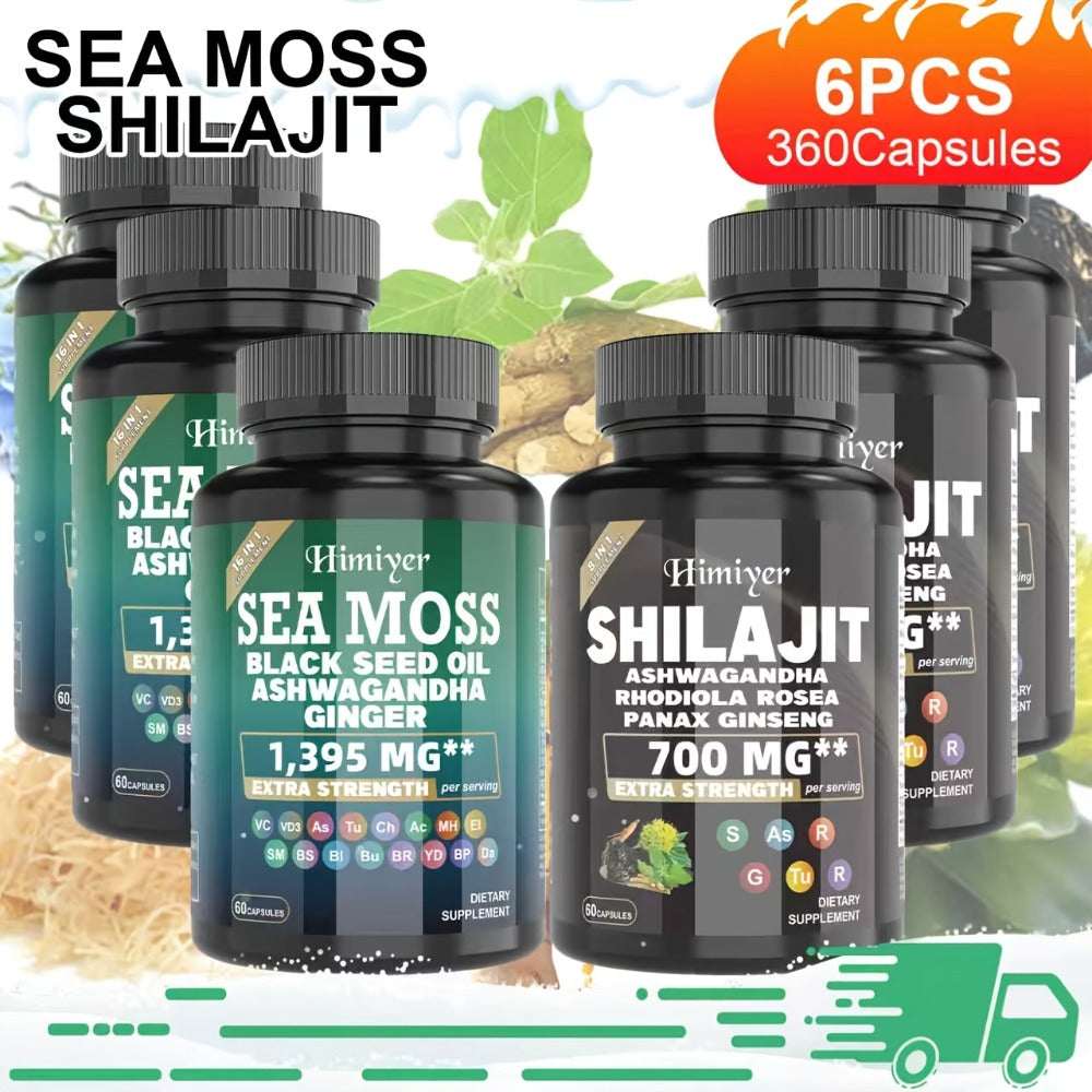 Sea Moss & Shilajit Capsules Bundle Set – Sports Nutrition Dual Formula for Energy, Bone Support, Relaxation & Focus – Super Golden Combination Daily Wellness Supplement for Men & Women