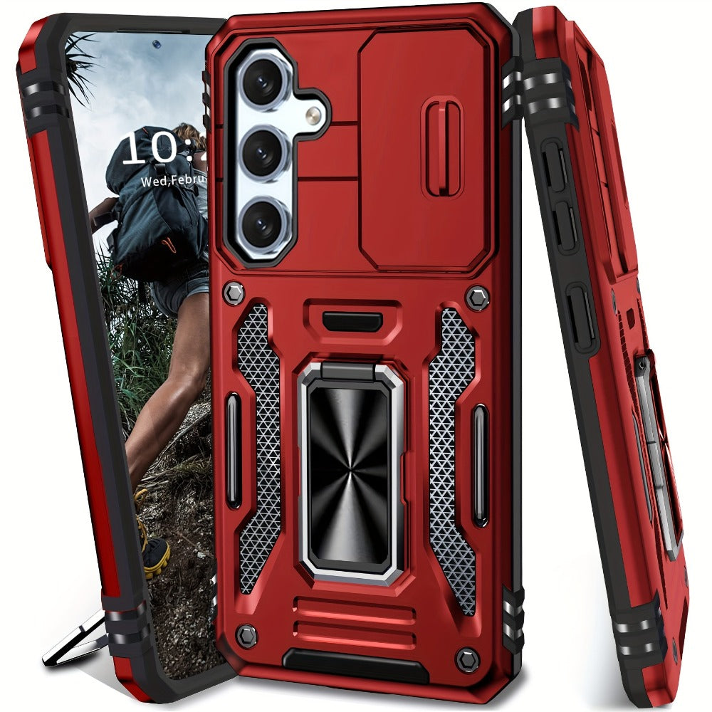 Samsung Galaxy Shockproof Magnetic Phone Case with 360° Rotating Ring Bracket & Sliding Lens Protector – Heavy Duty Cover for S24FE S23FE S22 S21FE Ultra A55 A54 A35 A34 A25 A24 A16 A15 A14 A06 A05 A05S 5G