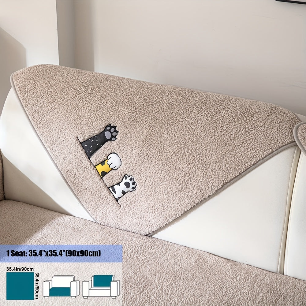 Sofa Cover, Sherpa Plush Cat-Paw Embroidered Seat Pad with Non-Slip Backing in Four Colors and Seven Sizes