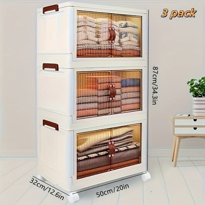 Stackable Storage Bins with Wheels & Drawers | Open Front Foldable Storage Organizer Bins for Home Bedroom Clothes Books Toys Holiday Christmas Gift Storage