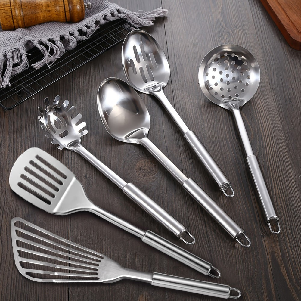 Stainless Steel Kitchen Utensils Set 12 Piece with Holder – Heat Resistant Cooking Utensils, Spatula, Ladle, Tongs, Whisk, Skimmer, Potato Masher, Slotted Spoon