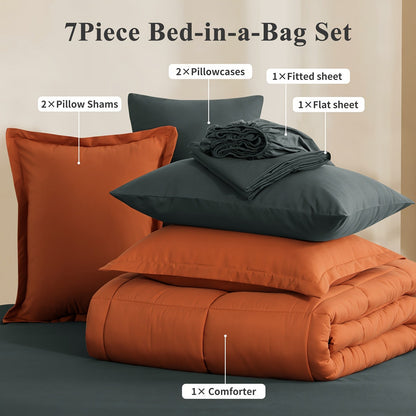 7 Piece Comforter Set Luxury Soft Fluffy Bedding All Season Bed in a Bag with Comforter Fitted Sheet Flat Sheet Pillowcases Hypoallergenic Breathable Easy Care Queen King Twin XL Full