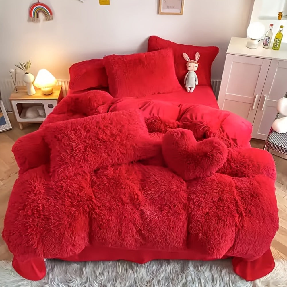 Plush Faux Fur Duvet Cover Set with Heart Pillow, Corner Ties and Twin, Queen or King Sizes in Eight Colors