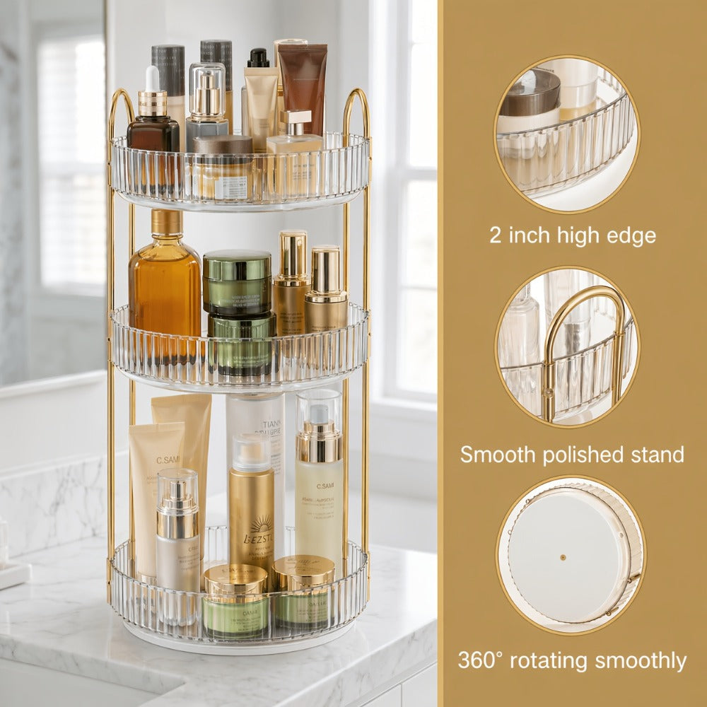 360° Swivel Makeup Organizer 3-Tier Rotating Countertop Storage Rack – Large Capacity Bathroom Dresser Vanity Organizer for Perfume, Skincare & Cosmetics, Green Amber Clear