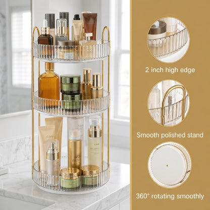 360° Swivel Makeup Organizer 3-Tier Rotating Countertop Storage Rack – Large Capacity Bathroom Dresser Vanity Organizer for Perfume, Skincare & Cosmetics, Green Amber Clear