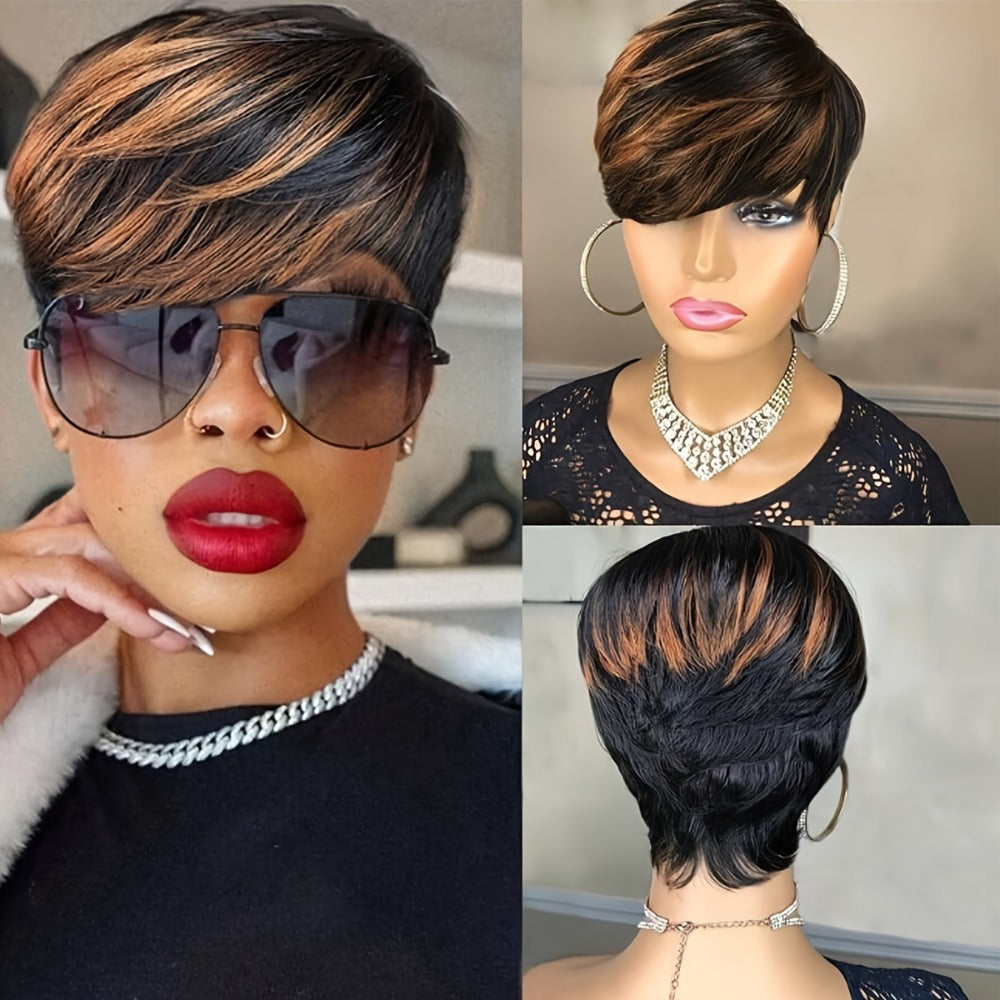 Synthetic Wig 10-Inch Bronze Ombre Pixie with Bangs, Straight Texture and Rose Net Cap for Daily Style