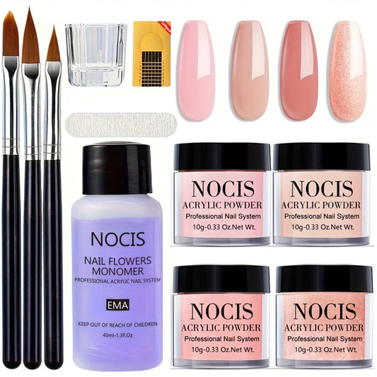4-Color Pink Nude Brown Acrylic Powder Kit for 3D Nail Art — Warm Tone All-Season Carving French Manicure Nail Extensions No Lamp Needed Salon Quality Home Use