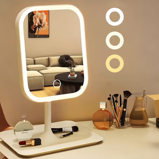 LED Makeup Mirror with Lights Rechargeable, Foldable Lighted Vanity Mirror 3 Color Modes Touch Dimming Portable Stand, Compact Travel Mirror for Women with Free 10X Magnifying Glass, Beauty Gift
