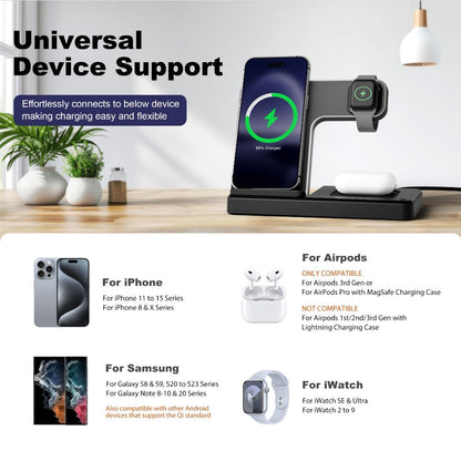 Foldable 3-in-1 Wireless Charging Station with LED Indicator & Anti-Slip Fast Charge for iPhone 17 16 15 14 13 12 11 Pro Max XR XS, Apple Watch Ultra Series 11 10 9 8 7 6 5 SE, AirPods 4 3 2 Pro & Samsung Galaxy – Black White, With/Without Adapter