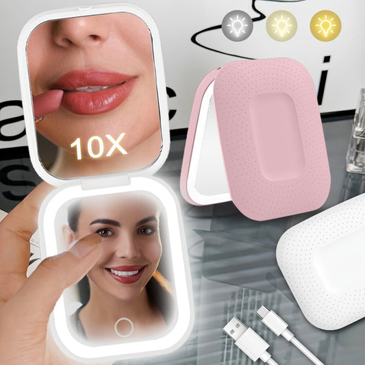 10X LED Lighted Compact Mirror USB Rechargeable 1X 10X Magnification Dimmable 3-Color Touch Screen - Double Sided Portable Travel Pocket Cosmetic Mirror for Makeup Women Gift
