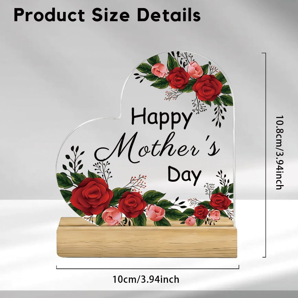 Mother's Day Heart-Shaped Acrylic Sign with Floral Print, 10.8 cm Height and Freestanding Wooden Base