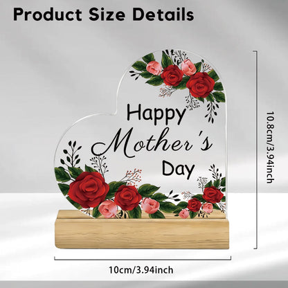 Mother's Day Heart-Shaped Acrylic Sign with Floral Print, 10.8 cm Height and Freestanding Wooden Base