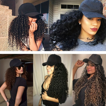Afro Kinky Curly Baseball Cap Wig for Women 18 Inch Hat and Wig Combo Adjustable Elastic Net Long Synthetic Curly Hair Multi-Color Casual Daily Outdoor Wear