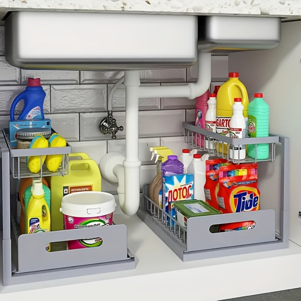 Under Sink Organizer Pull Out 2 Tier Slide Out Cabinet Shelf – Kitchen Bathroom Storage Rack Utility Organizer 1 or 2 Pack