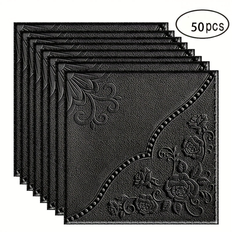 Fifty-Piece Embossed Floral-Curve Wall Tile Sticker Set with 35 cm Square Panels in Four Colors