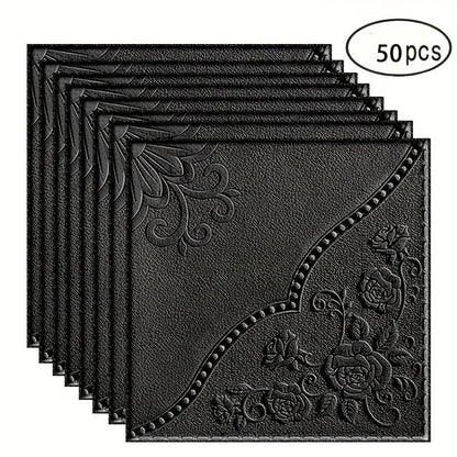 Fifty-Piece Embossed Floral-Curve Wall Tile Sticker Set with 35 cm Square Panels in Four Colors