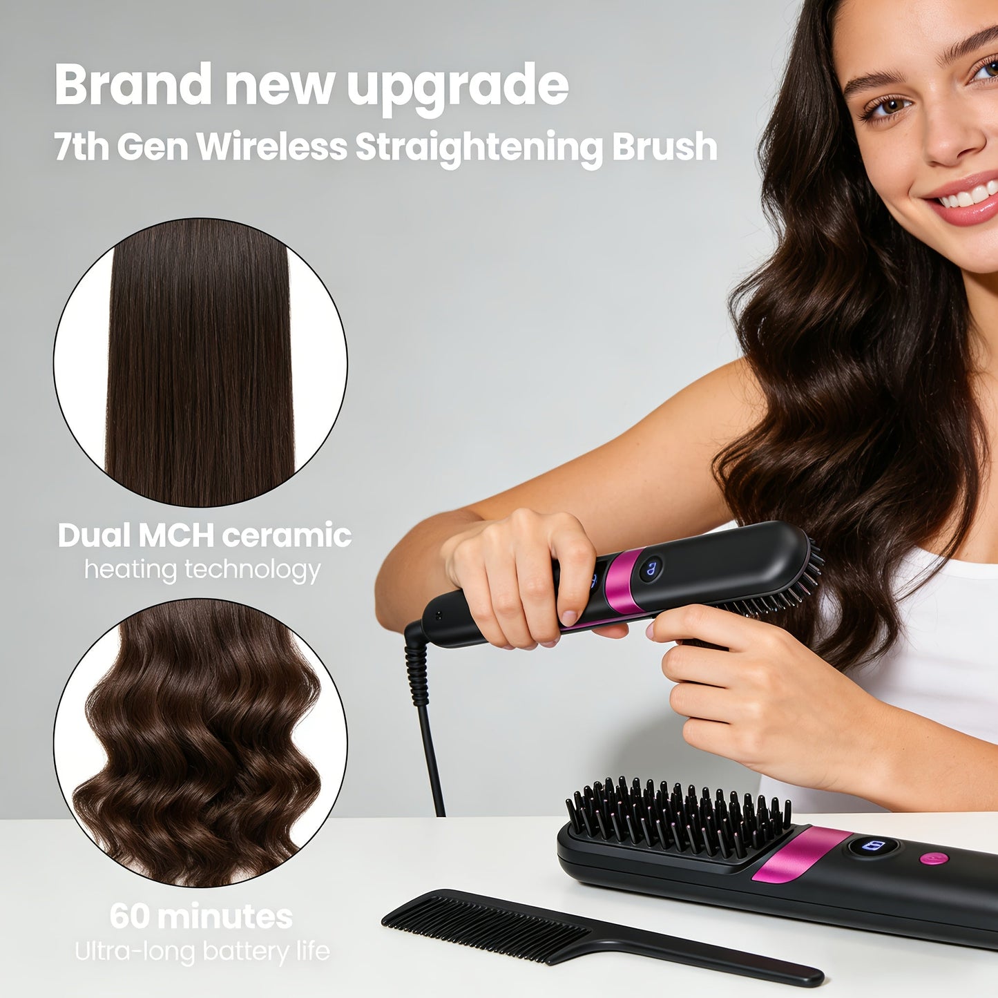 Cordless Hair Straightening Brush Family with 2000mAh or 3600mAh Labels and Four Accessory Set Options