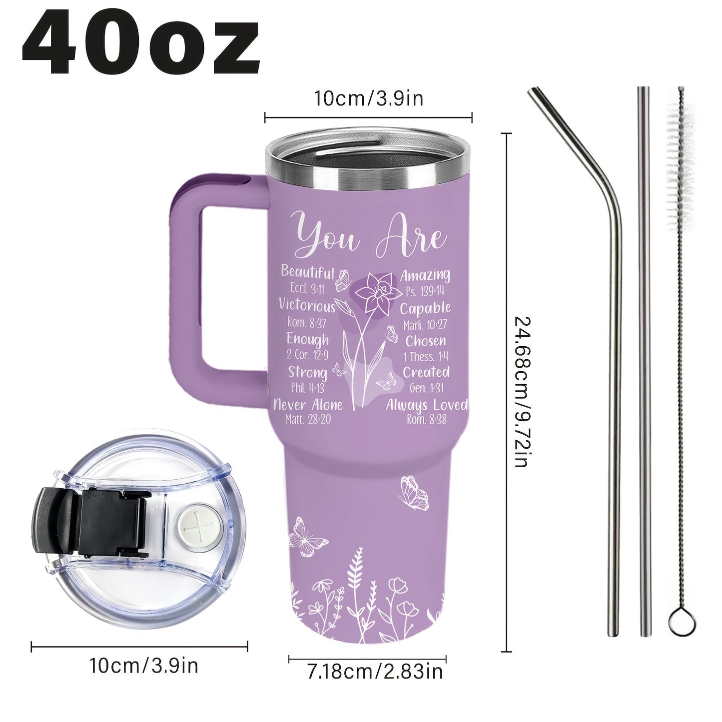 Insulated Tumbler 40oz Faith-Inspired Graphic with Lid and Straw for Desk, Camping and Daily Use
