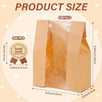 Bread Bags 100pcs Paper with Window 50% Thicker 13.7x8.2x3.7in Sourdough Homemade Bread Bakery Bags for Storage Bread Cookies Snacks with 100 Cute Sealing Stickers