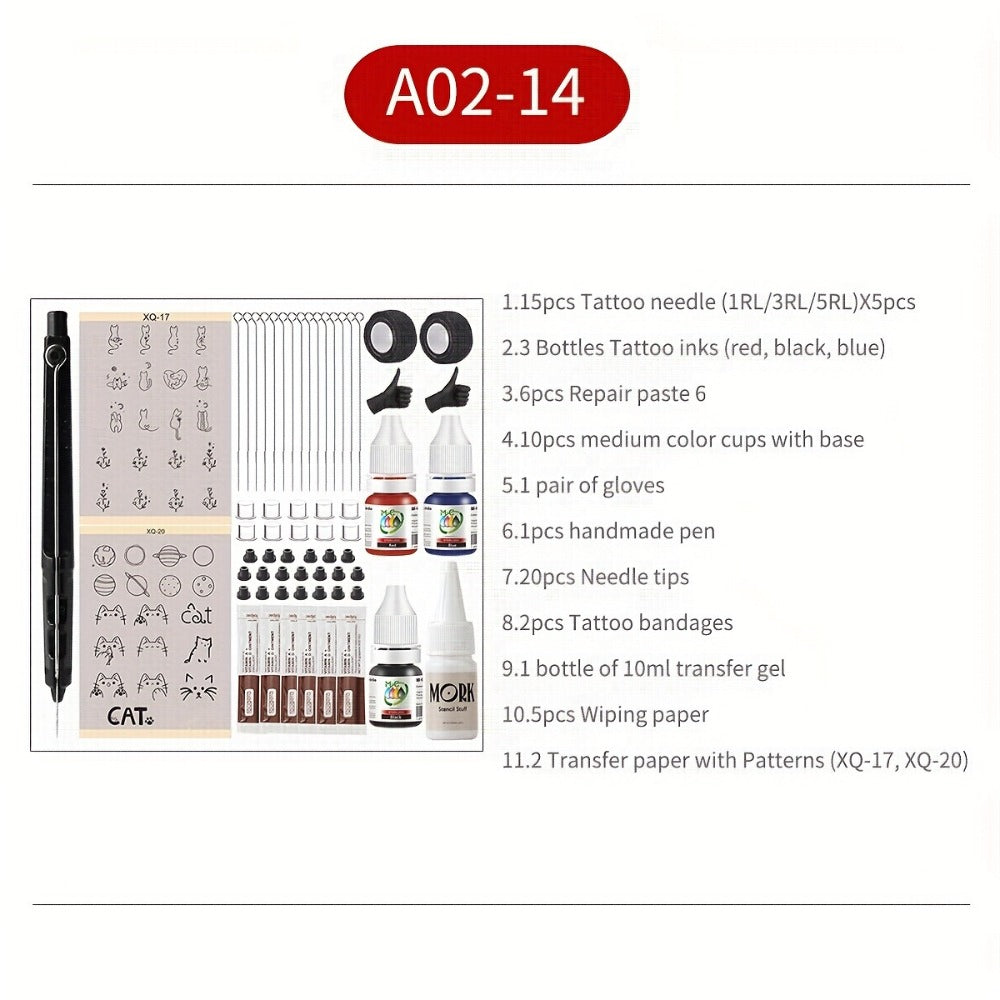 Manual Hand-Poke Tattoo Kit A02-3 with 14.3cm Pen Holder, Five Needles, Two Bottles and Transfer Accessories