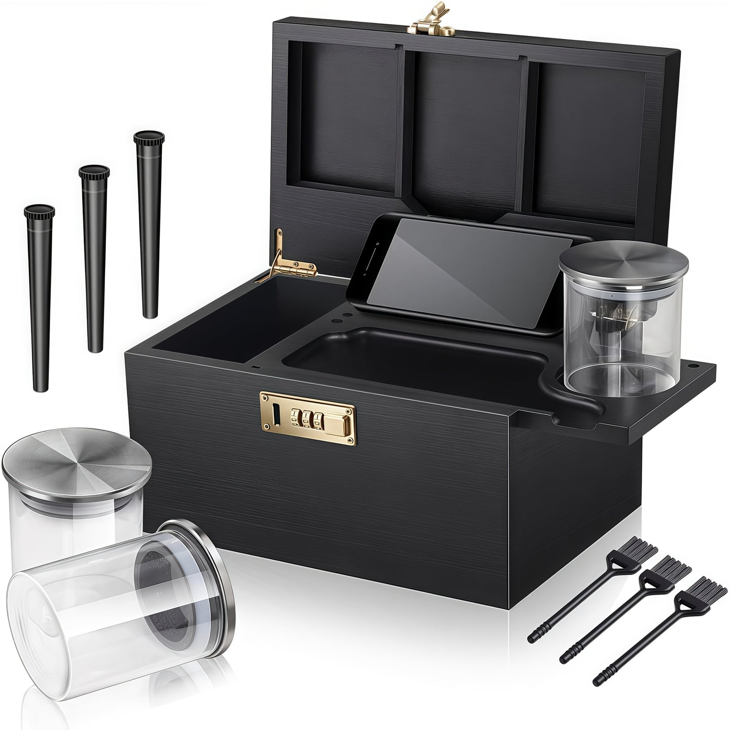 Locking Compartment Storage Box with Sliding Tray, Three Jars, Three Tubes and Cleaning Brushes
