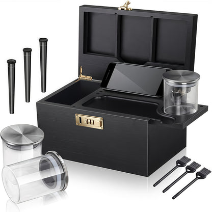 Locking Compartment Storage Box with Sliding Tray, Three Jars, Three Tubes and Cleaning Brushes