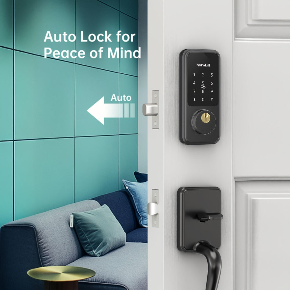Hornbill Smart Door Lock Set with Handle - Alexa Compatible Keypad Deadbolt, Bluetooth App, Keyfob & Auto-Lock, Complete Keyless Entry Front Door Upgrade, Matte Black & Silver