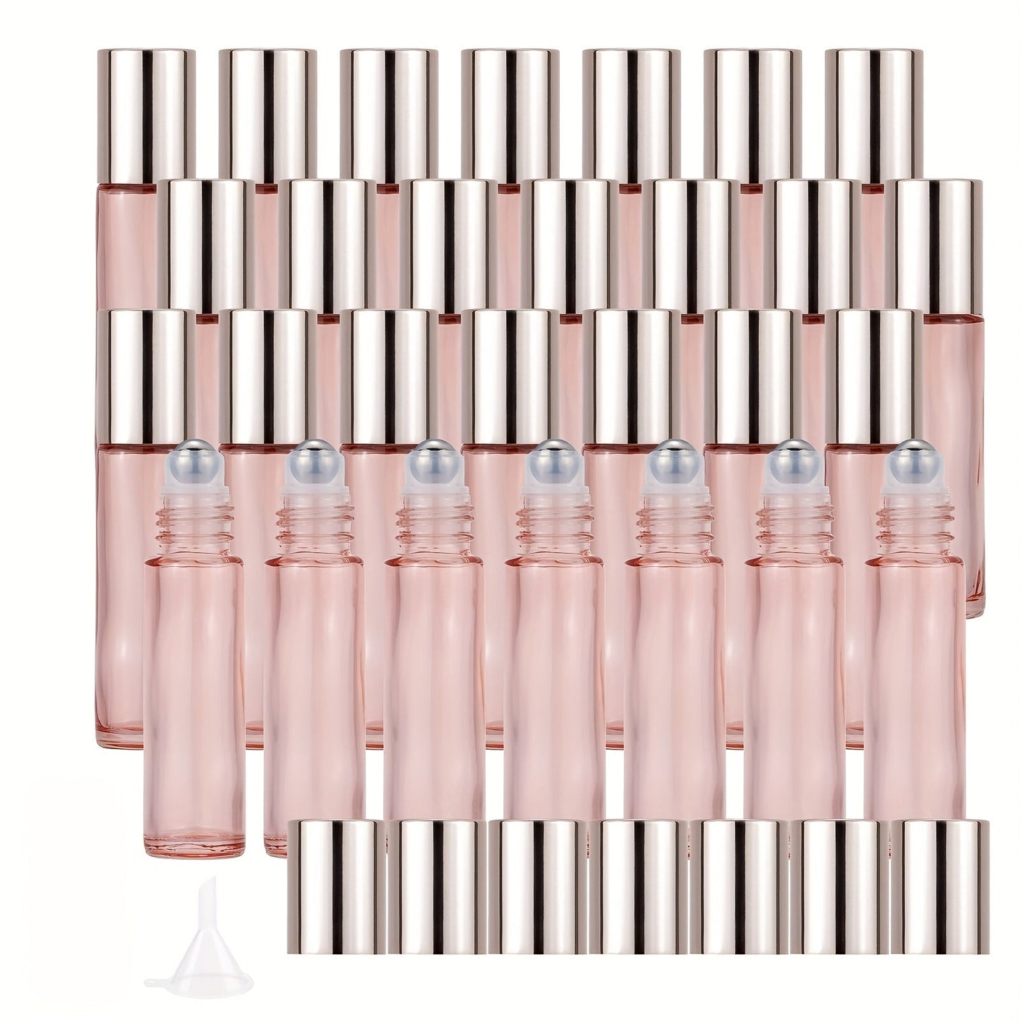 28-Pack 10 ml Clear Pink Glass Roller Bottles with Stainless Steel Balls, Opener and Funnel
